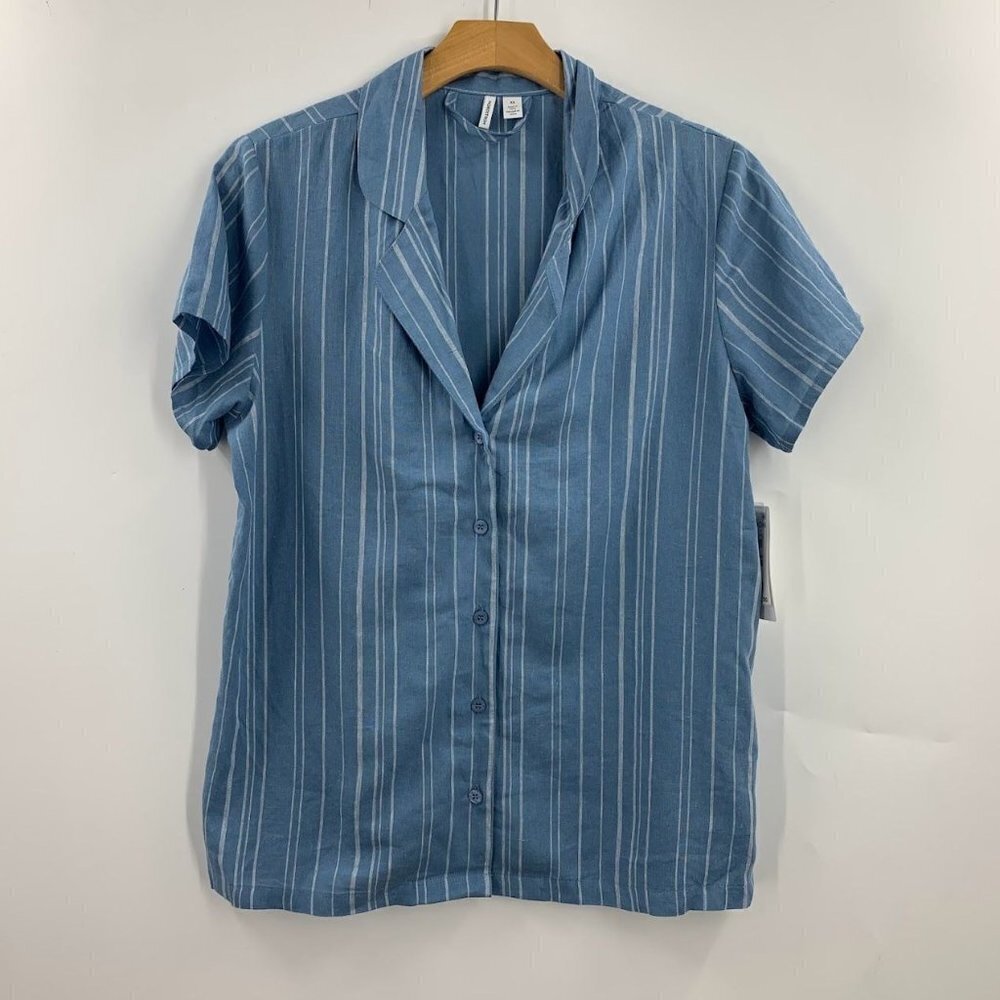 Nordstrom Women's Linen Blend Pajamas Top In Blue Veil Jenna Stripe Size XS NWT